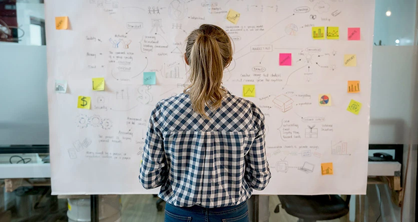 Person standing facing towards a whiteboard with writing and post it notes on it.